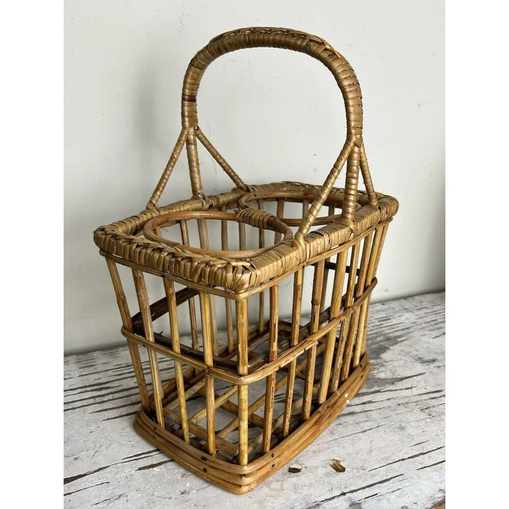 Vintage Bamboo Wicker 2 Bottle Wine Carrier Picnic Caddy Boho Barware Basket